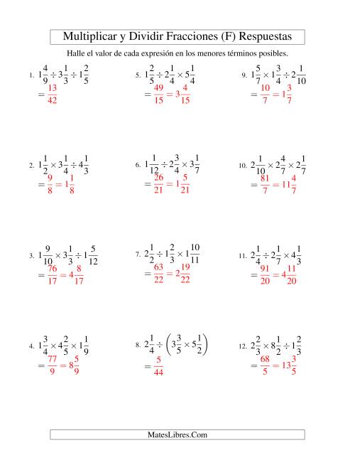 La hoja de ejercicios de Multiplicar y Dividir Tres Fracciones Mixtas (F) Página 2