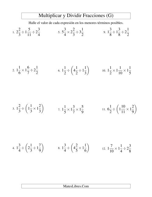 La hoja de ejercicios de Multiplicar y Dividir Tres Fracciones Mixtas (G)