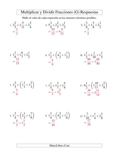 La hoja de ejercicios de Multiplicar y Dividir Tres Fracciones Mixtas (G) Página 2