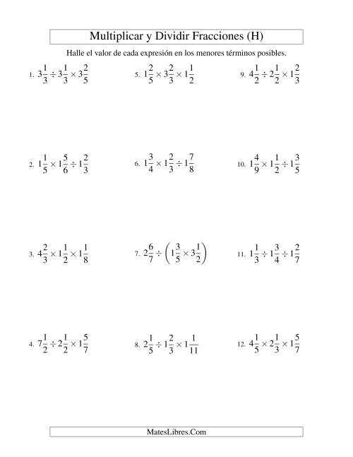 La hoja de ejercicios de Multiplicar y Dividir Tres Fracciones Mixtas (H)
