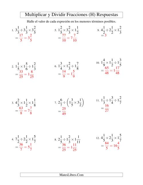 La hoja de ejercicios de Multiplicar y Dividir Tres Fracciones Mixtas (H) Página 2