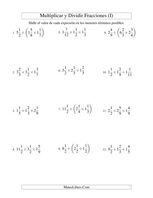 La hoja de ejercicios de Multiplicar y Dividir Tres Fracciones Mixtas (I)