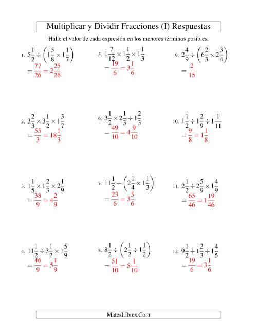 La hoja de ejercicios de Multiplicar y Dividir Tres Fracciones Mixtas (I) Página 2