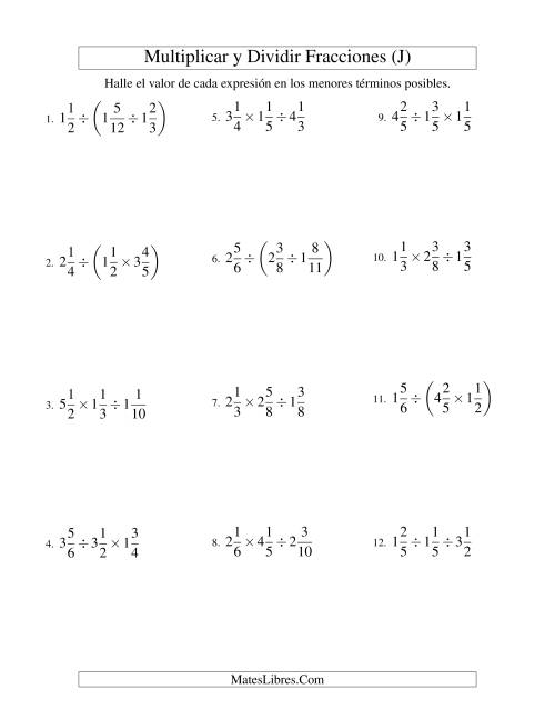 La hoja de ejercicios de Multiplicar y Dividir Tres Fracciones Mixtas (J)