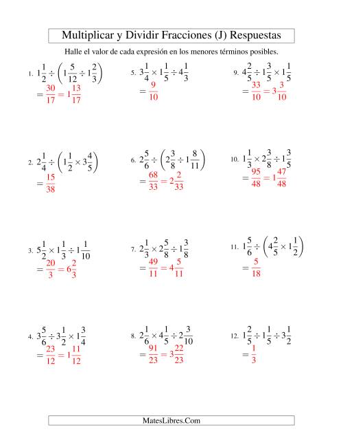 La hoja de ejercicios de Multiplicar y Dividir Tres Fracciones Mixtas (J) Página 2