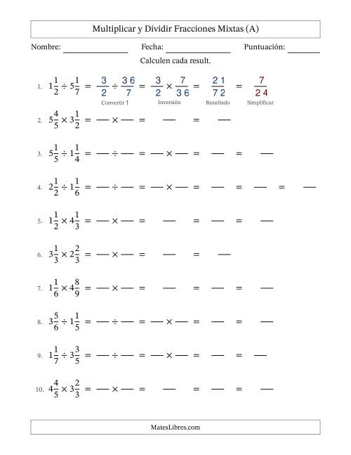 La hoja de ejercicios de Multiplicar y dividir Two fracciones mixtas y con alguna simplificación (Rellenable) (Todas)