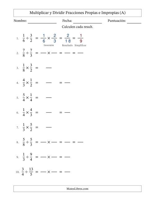 La hoja de ejercicios de Multiplicar y dividir fracciones propias e impropias y con alguna simplificación (Rellenable) (Todas)
