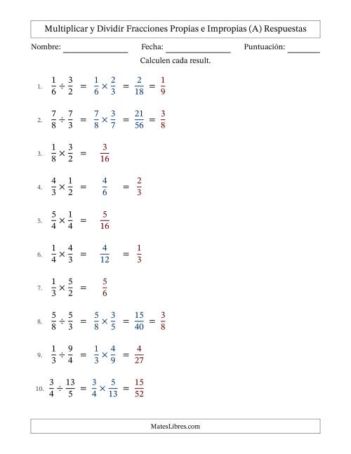 La hoja de ejercicios de Multiplicar y dividir fracciones propias e impropias y con alguna simplificación (Rellenable) (Todas) Página 2