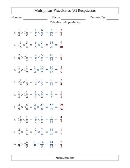 La hoja de ejercicios de Multiplicar Una Fracción Propia por Una Fracción Mixta (A) Página 2