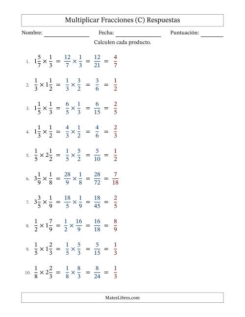 La hoja de ejercicios de Multiplicar Una Fracción Propia por Una Fracción Mixta (C) Página 2
