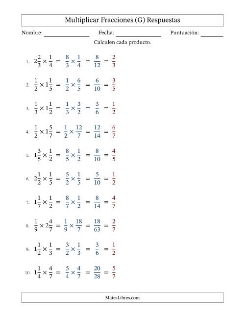 La hoja de ejercicios de Multiplicar Proper y fracciones mixtas y con simplificación en todas (Rellenable) (G) Página 2