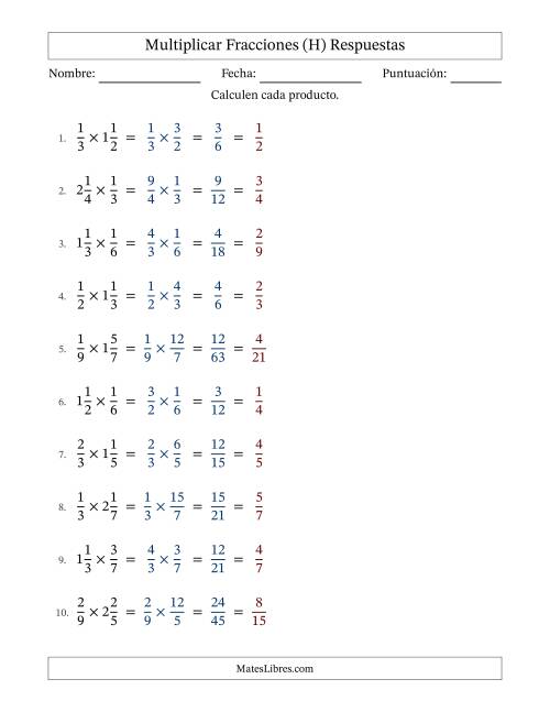 La hoja de ejercicios de Multiplicar Una Fracción Propia por Una Fracción Mixta (H) Página 2