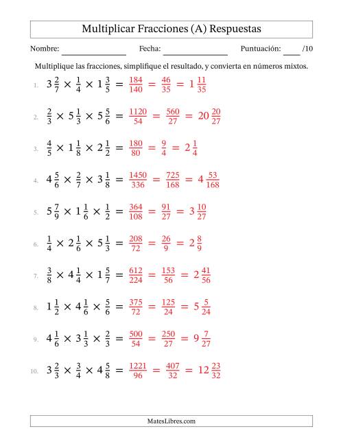 La hoja de ejercicios de Multiplicar Fracciones Propias y Fracciones Mixtas (Tres Factores) (A) Página 2