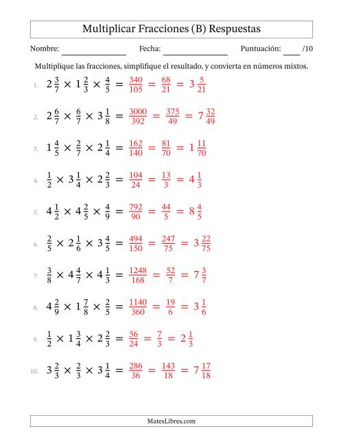 La hoja de ejercicios de Multiplicar Fracciones Propias y Fracciones Mixtas (Tres Factores) (B) Página 2