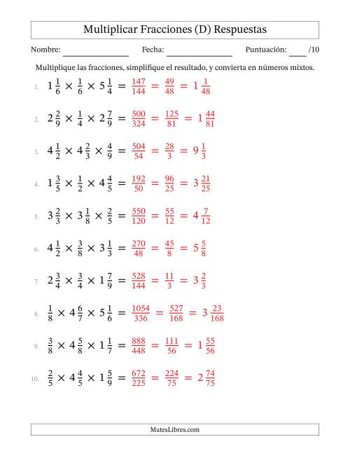 La hoja de ejercicios de Multiplicar Fracciones Propias y Fracciones Mixtas (Tres Factores) (D) Página 2