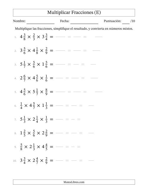 La hoja de ejercicios de Multiplicar Fracciones Propias y Fracciones Mixtas (Tres Factores) (E)