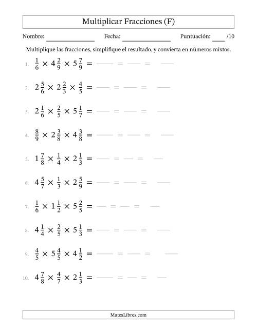 La hoja de ejercicios de Multiplicar Fracciones Propias y Fracciones Mixtas (Tres Factores) (F)