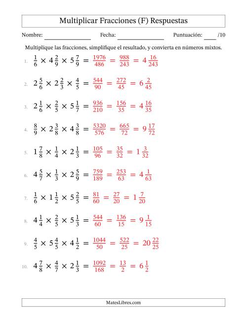 La hoja de ejercicios de Multiplicar Fracciones Propias y Fracciones Mixtas (Tres Factores) (F) Página 2