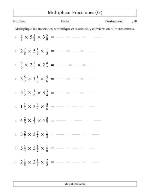 La hoja de ejercicios de Multiplicar Fracciones Propias y Fracciones Mixtas (Tres Factores) (G)
