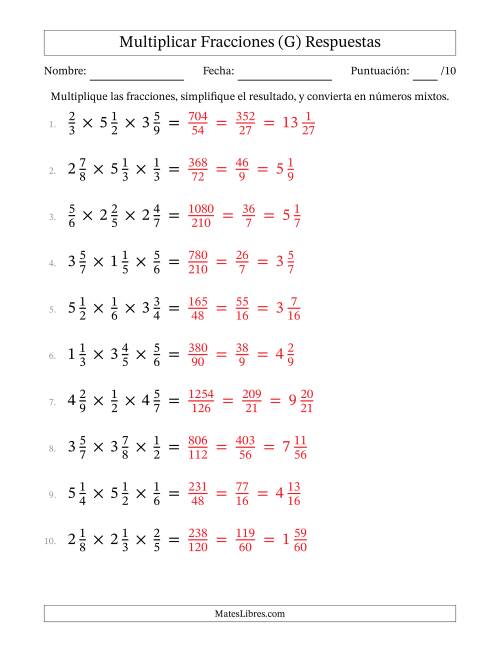 La hoja de ejercicios de Multiplicar Fracciones Propias y Fracciones Mixtas (Tres Factores) (G) Página 2