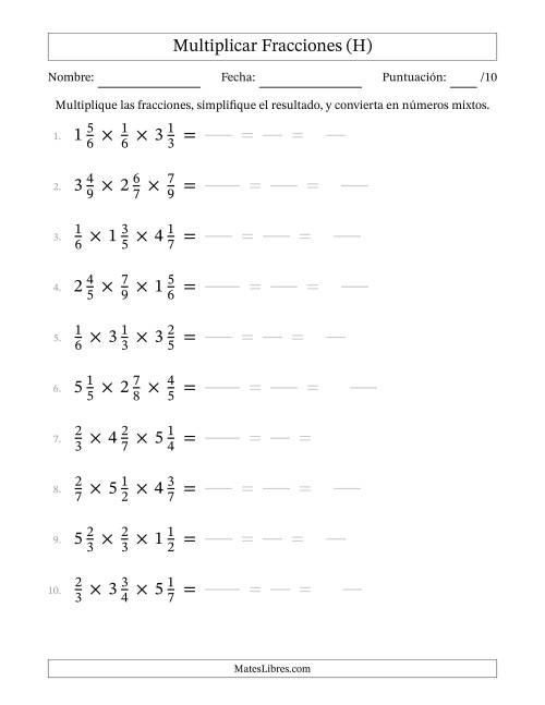 La hoja de ejercicios de Multiplicar Fracciones Propias y Fracciones Mixtas (Tres Factores) (H)
