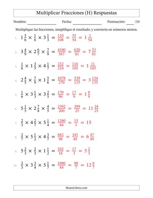 La hoja de ejercicios de Multiplicar Fracciones Propias y Fracciones Mixtas (Tres Factores) (H) Página 2