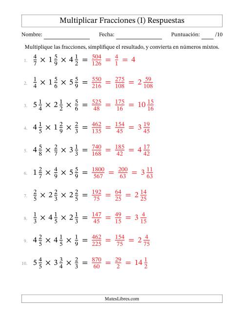 La hoja de ejercicios de Multiplicar Fracciones Propias y Fracciones Mixtas (Tres Factores) (I) Página 2