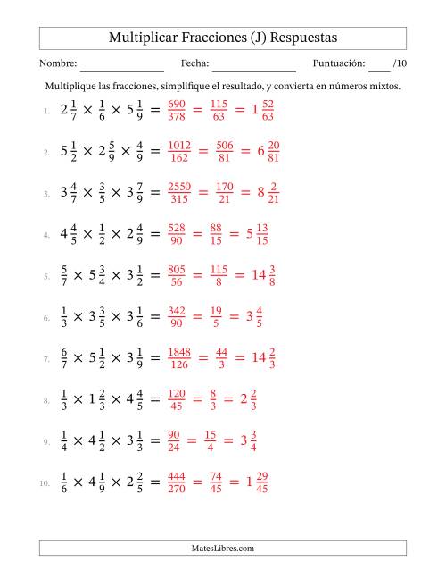 La hoja de ejercicios de Multiplicar Fracciones Propias y Fracciones Mixtas (Tres Factores) (J) Página 2