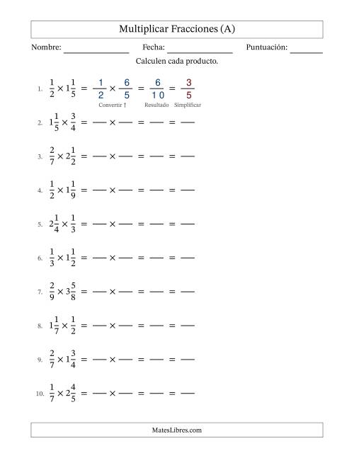 La hoja de ejercicios de Multiplicar Proper y fracciones mixtas y con simplificación en todas (Rellenable) (Todas)