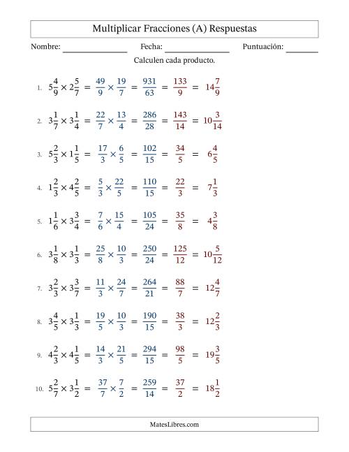La hoja de ejercicios de Multiplicar Two fracciones mixtas y con simplificación en todas (Rellenable) (A) Página 2