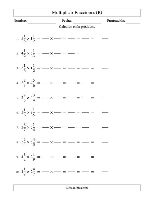 La hoja de ejercicios de Multiplicar Two fracciones mixtas y con simplificación en todas (Rellenable) (B)