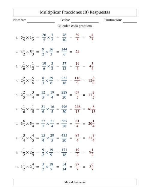 La hoja de ejercicios de Multiplicar Two fracciones mixtas y con simplificación en todas (Rellenable) (B) Página 2