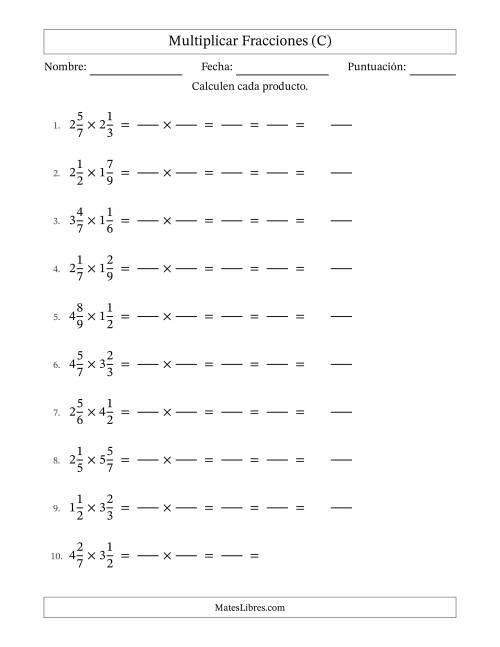 La hoja de ejercicios de Multiplicar Two fracciones mixtas y con simplificación en todas (Rellenable) (C)