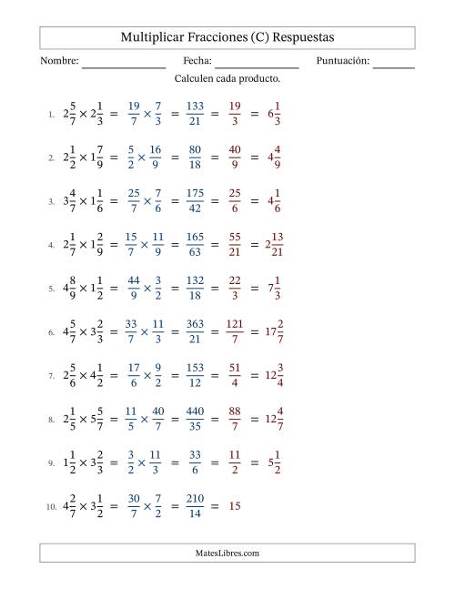 La hoja de ejercicios de Multiplicar Two fracciones mixtas y con simplificación en todas (Rellenable) (C) Página 2