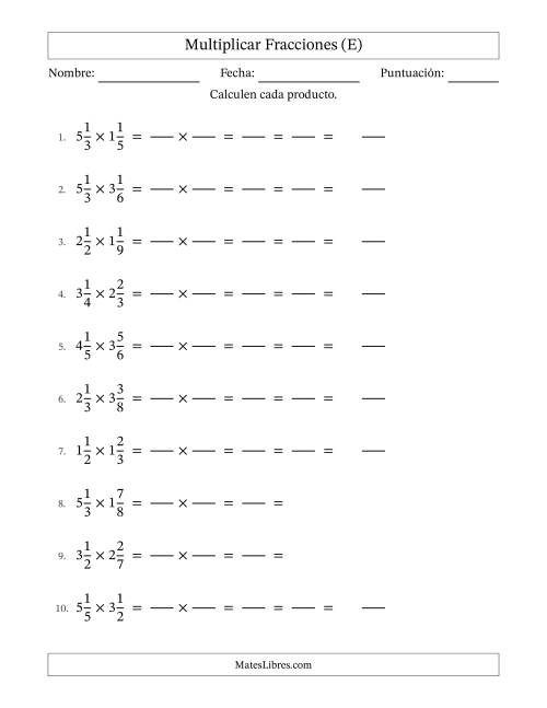 La hoja de ejercicios de Multiplicar Two fracciones mixtas y con simplificación en todas (Rellenable) (E)