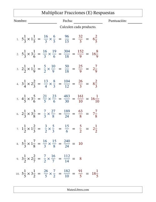 La hoja de ejercicios de Multiplicar Two fracciones mixtas y con simplificación en todas (Rellenable) (E) Página 2