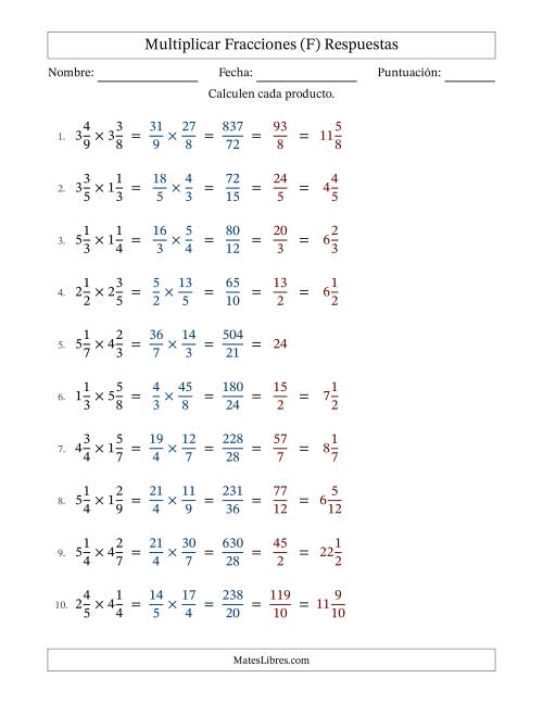 La hoja de ejercicios de Multiplicar Two fracciones mixtas y con simplificación en todas (Rellenable) (F) Página 2