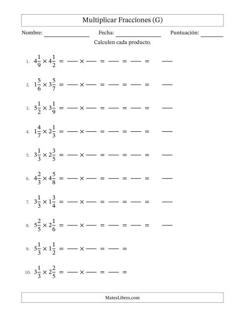 La hoja de ejercicios de Multiplicar Two fracciones mixtas y con simplificación en todas (Rellenable) (G)