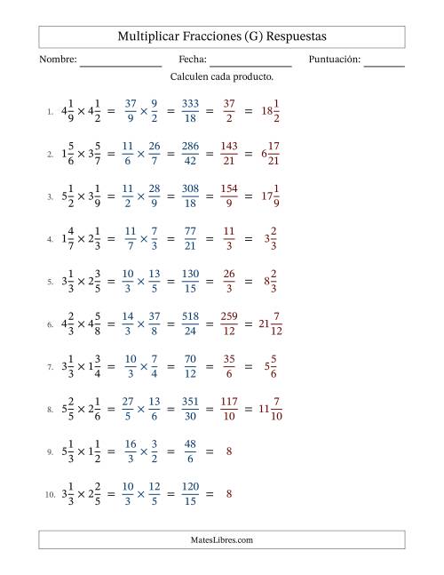 La hoja de ejercicios de Multiplicar Two fracciones mixtas y con simplificación en todas (Rellenable) (G) Página 2
