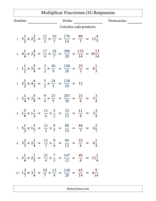 La hoja de ejercicios de Multiplicar Two fracciones mixtas y con simplificación en todas (Rellenable) (H) Página 2