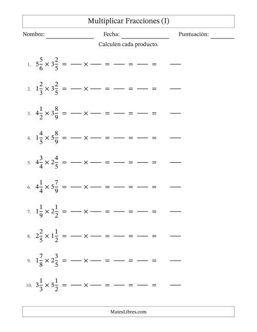 La hoja de ejercicios de Multiplicar Two fracciones mixtas y con simplificación en todas (Rellenable) (I)