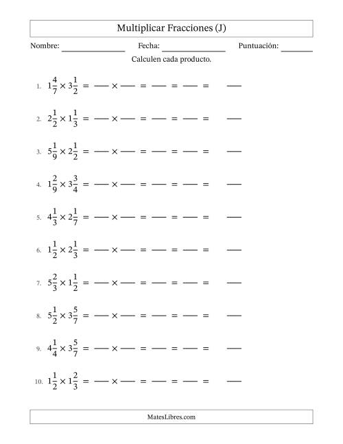 La hoja de ejercicios de Multiplicar Two fracciones mixtas y con simplificación en todas (Rellenable) (J)