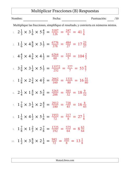 La hoja de ejercicios de Multiplicar Tres Fracciones Mixtas (B) Página 2