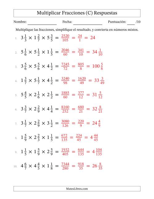 La hoja de ejercicios de Multiplicar Tres Fracciones Mixtas (C) Página 2
