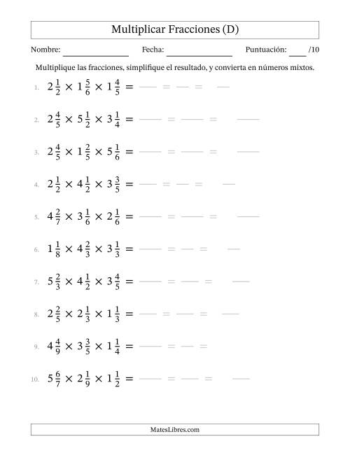 La hoja de ejercicios de Multiplicar Tres Fracciones Mixtas (D)