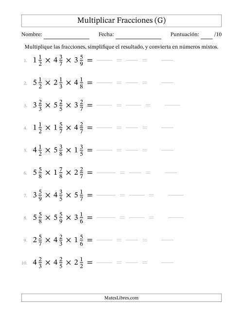 La hoja de ejercicios de Multiplicar Tres Fracciones Mixtas (G)