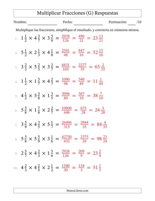 La hoja de ejercicios de Multiplicar Tres Fracciones Mixtas (G) Página 2