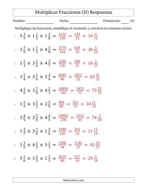 La hoja de ejercicios de Multiplicar Tres Fracciones Mixtas (H) Página 2