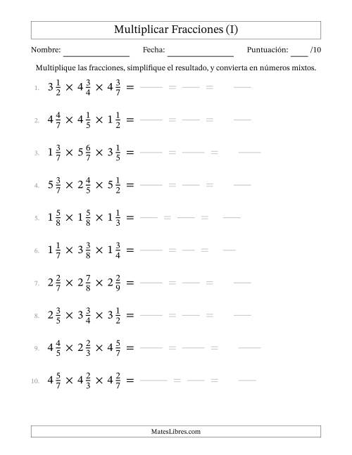La hoja de ejercicios de Multiplicar Tres Fracciones Mixtas (I)