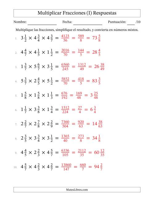La hoja de ejercicios de Multiplicar Tres Fracciones Mixtas (I) Página 2